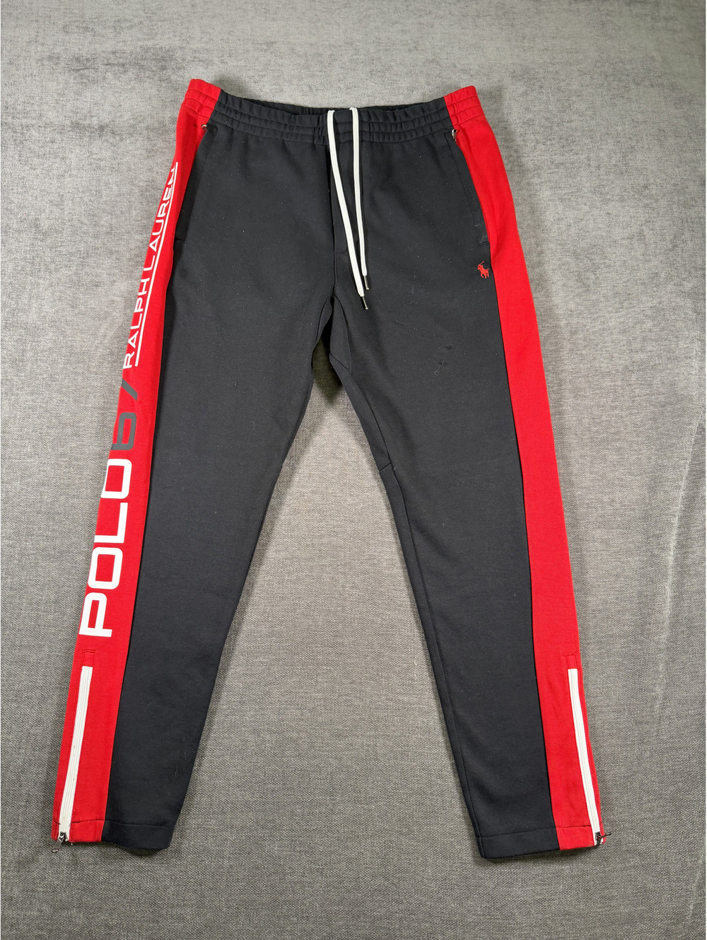 Polo Ralph Lauren Men's Black and Red Track Pants with Side Zippers, Size Medium